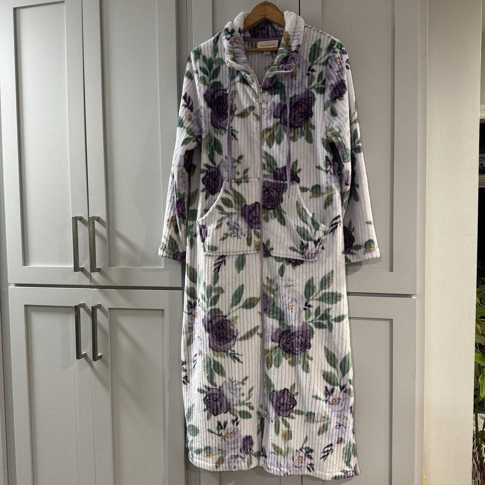Stan Herman Plush Purple Floral Full Zip Robe House Dress XS Tradwife Loungewear
